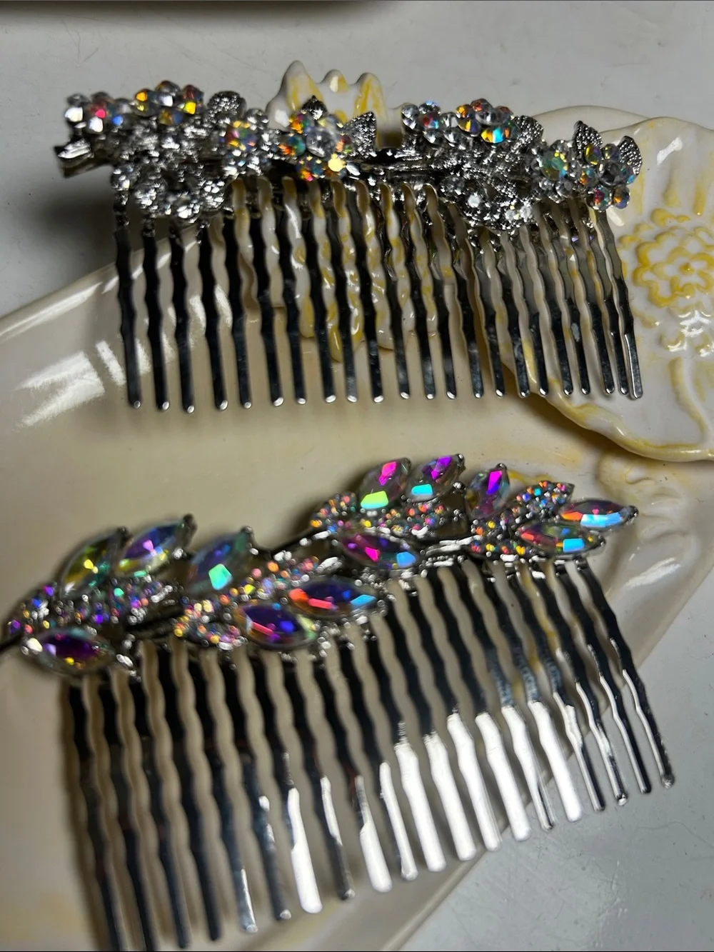 Rhinestone Aurora Leaf Hair Comb - Silver
